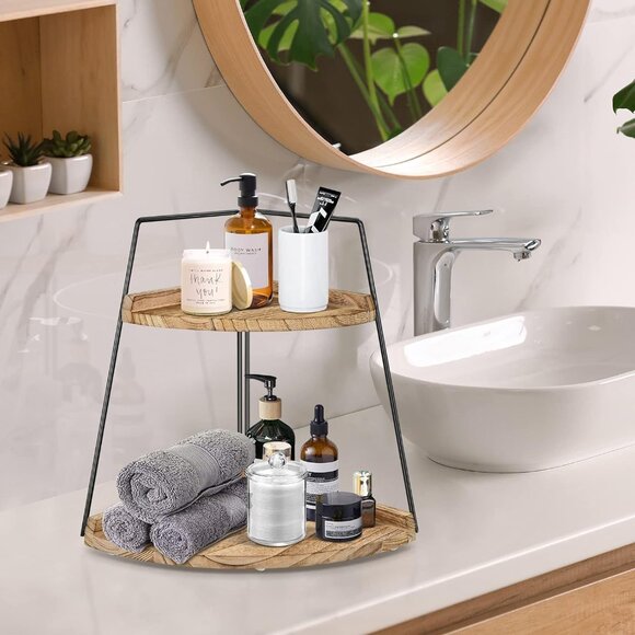 2 Tier Bathroom Counter Organizer, Wood Bathroom Organizer Countertop - Picture 2 of 5